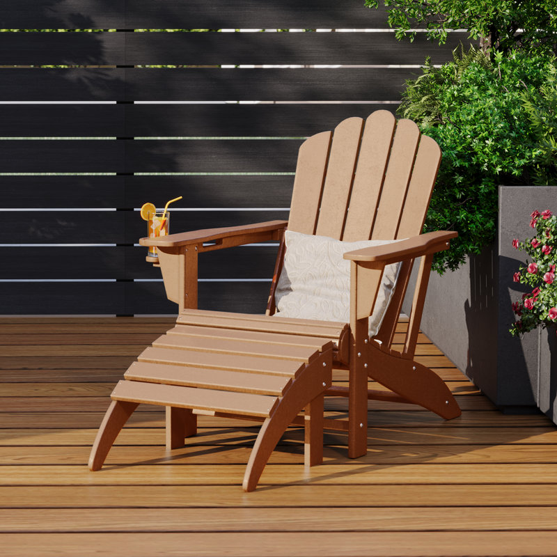 Outdoor Poly Adirondack Chair With Ottoman, Teak