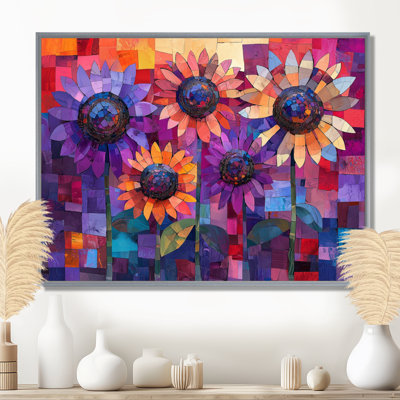 Tournesols géométriques Doletha classés dans des teintes de crépuscule mauves I - Art mural tournesols