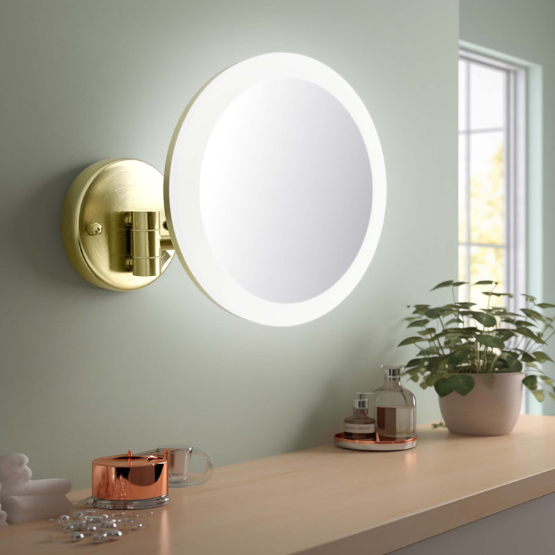 Circular LED Wall Mount One Side 5x Magnifying Makeup Mirror, Brushed Gold