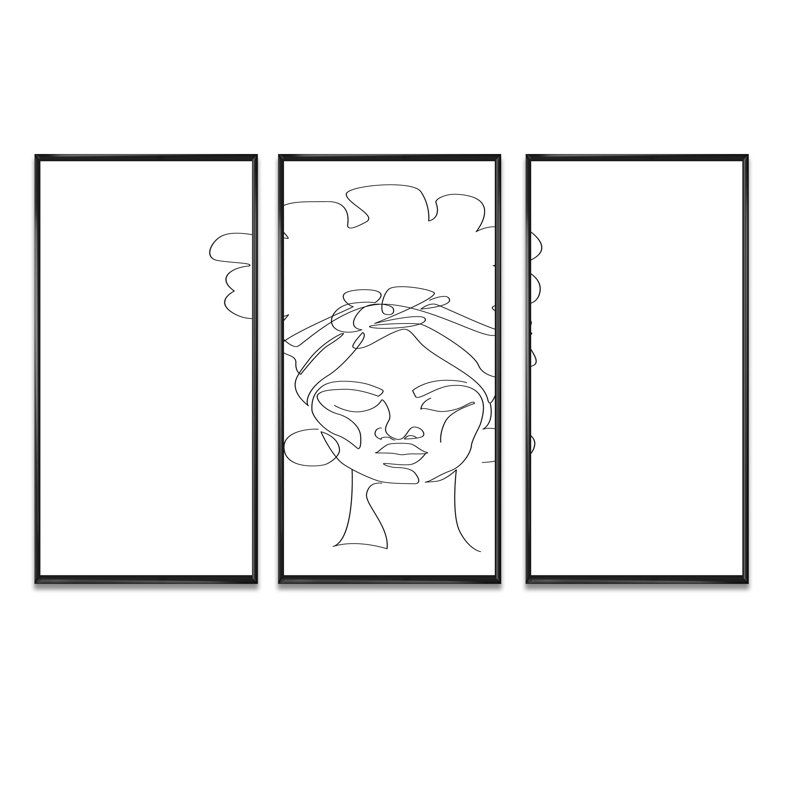 «Black Woman Afro Portrait One Line Art», ensemble d'art mural sur toile Glam, H 20 po x l 36 po x P 1 po, Noir