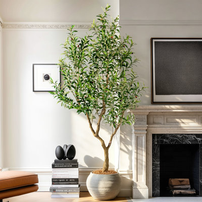 Olivier artificiel de 2,13 m avec pot blanc, olivier artificiel réaliste avec feuilles et fruits réalistes, grande plante d'intérieur pour salon, entrée, bureau, décoration, cadeau pour l'Halloween, Noël, Thanksgiving