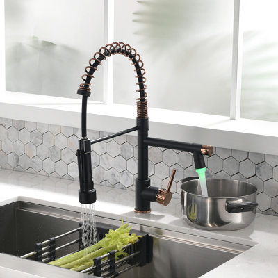Contemporary Kitchen Faucet, Pull Down , Single Handle, Black + Gold, High Arch Spout With 360-Degree Rotation Faucet Spray Head, And Design