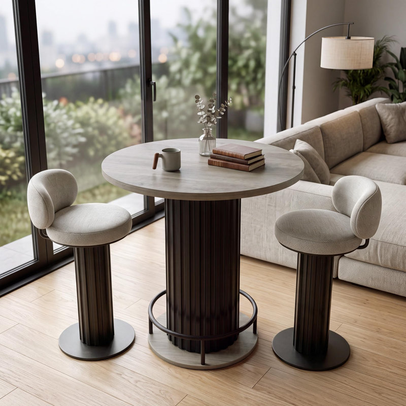 Table de bar ronde avec piètement ondulé en fer et repose-pieds, table haute de style bistro pour petits espaces, grise, Grey