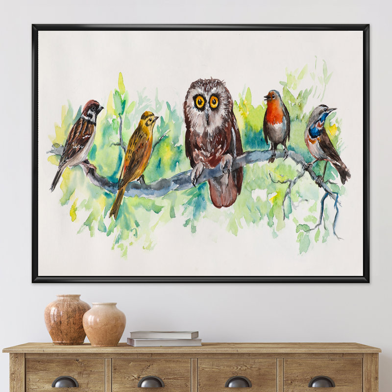 Hibou sur une branche avec des amis oiseaux - Peinture sur toile, H 30 po x l 40 po x p 1 po, Toile avec cadre noir