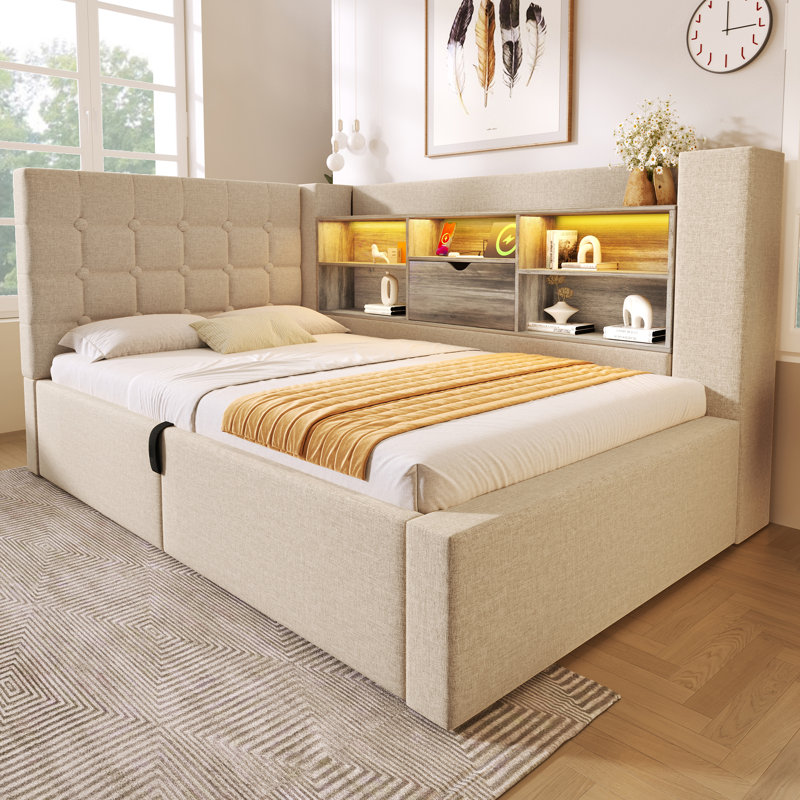L-Shaped Linen Bed with LED & Charging Ports, Hydraulic Storage, 2 Color Options, Beige