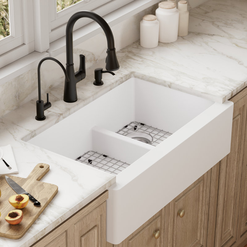 Karran Quartz 34'' X 21-1/4'' 60/40 Double Bowl Farmhouse/Apron Front Kitchen Sink Kit, White