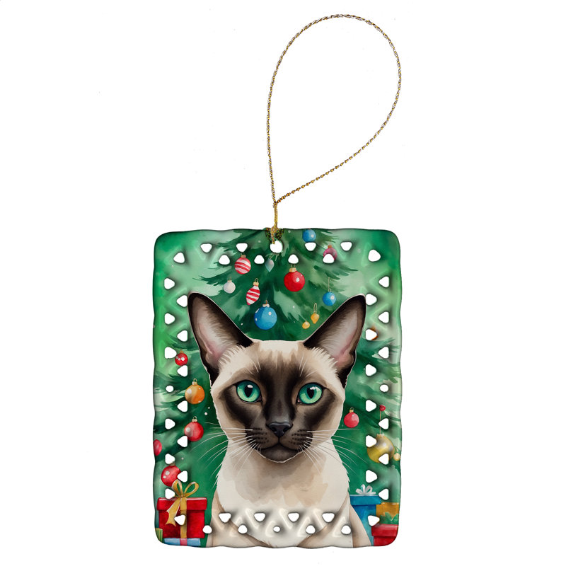 Colorpoint Shorthair Cat By the Christmas Tree Porcelain Ornament, Colorpoint Shorthair Cat