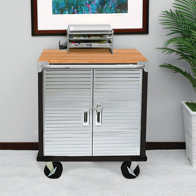 Graphite Steel Rolling Cabinet with Hardwood Top and Lockable Doors
