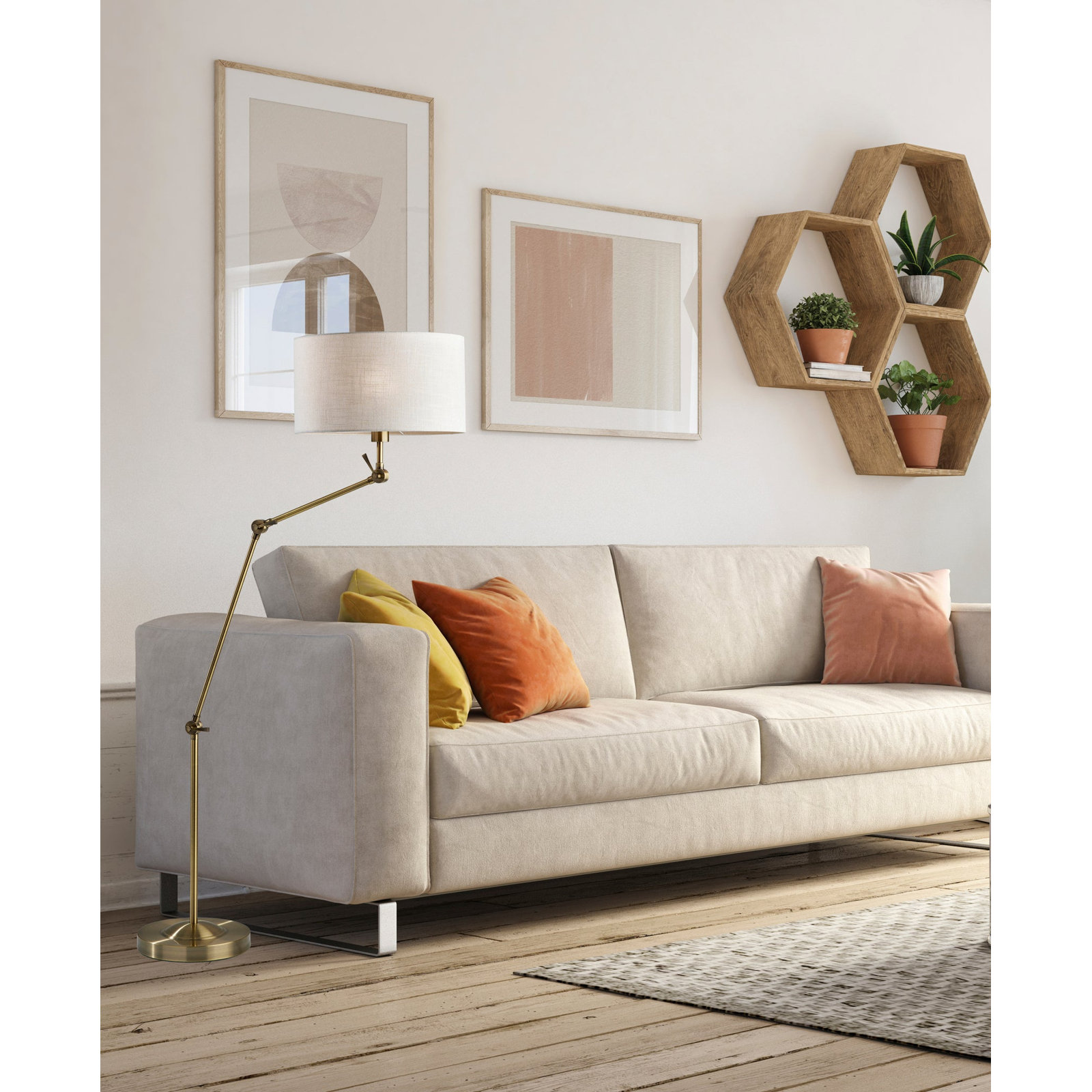 65.25'' Dimmable Swing Arm Floor Lamp, Antique Brass, Cream Textured Fabric
