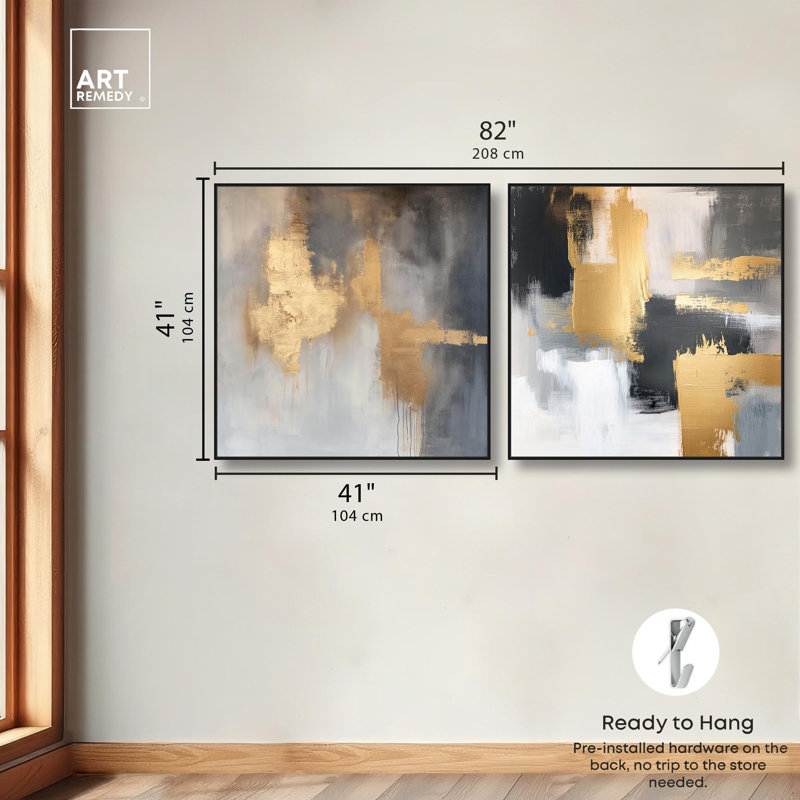 «Gilded Tranquil Abstract Art», ensemble de 2 panneaux sur toile par , H 41 po x l 41 po, Noir