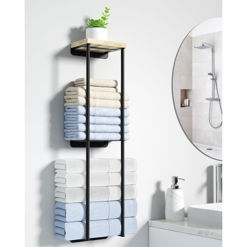 Porte-serviettes mural à 2 niveaux avec tablette en bois, porte-serviettes en métal et organisateur pour un espace de rangement amélioré