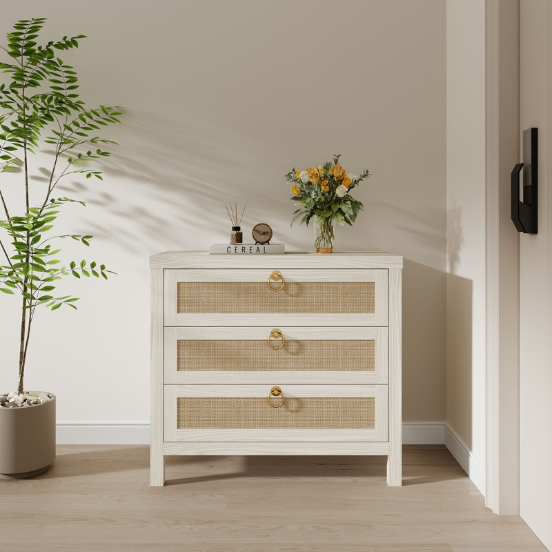 Boho Large Nightstands Side Table With 3 Drawers, White, Set of 2
