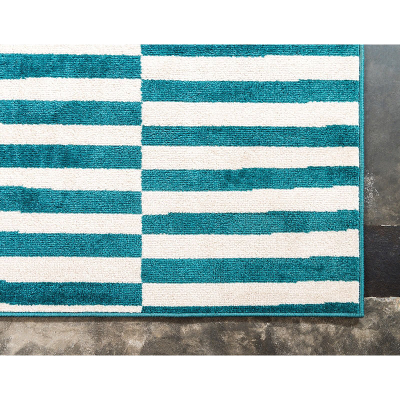 Tapis rayé ivoire / noir Arzilla, Rectangle 6 pi x 9 pi, Teal/Cream