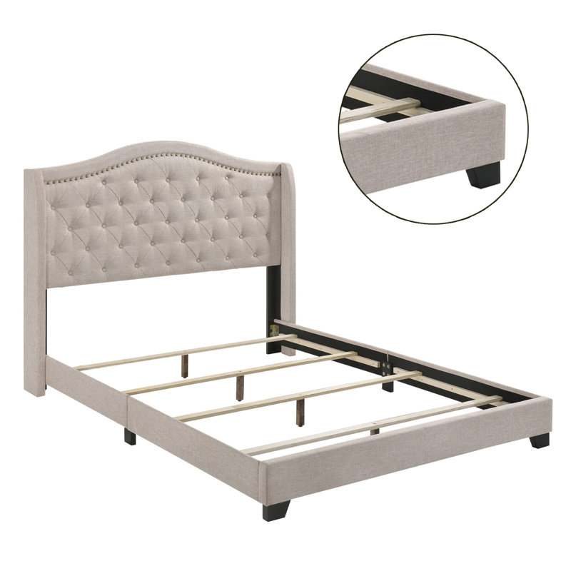 Aquira Upholstered Queen Wingback Bed Beige, Queen, Beige