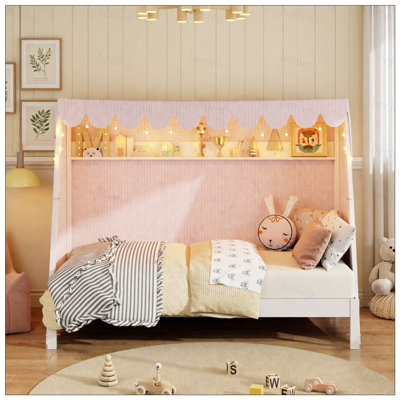 Twin XL House Bed with Twin XL Trundle, Shelf, Tent and Light, White