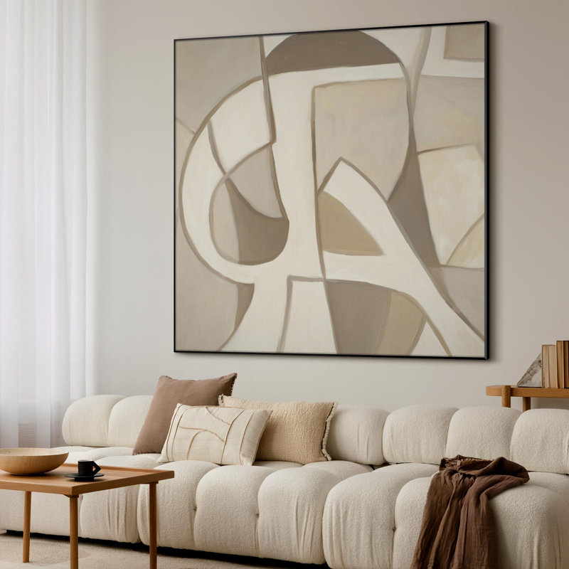 Extra Large Wall Art Fabric Print - Beige Abstract Modern Cubist Artwork Decor for Living Room or Bedroom - "Frame Assembly Required (Unfinished Frame)"
