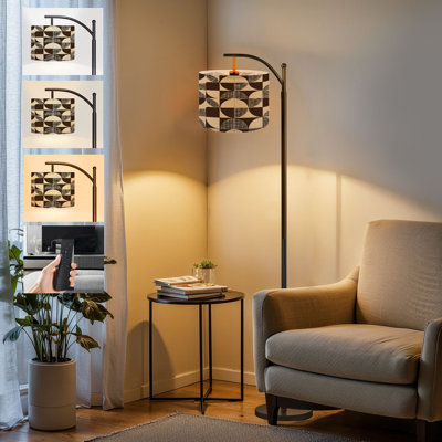 Arc Floor Lamp Black white stylish geometric textured seamless Round shapes modern Tall Modern Standing Lamp LED Adjustable Linen Lampshade 3 Color Temperatures