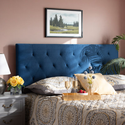 Waylen Upholstered Queen Size Headboard in Navy Blue Velvet Fabric, 45.68'' H X 62.93'' W X 1.8'' D