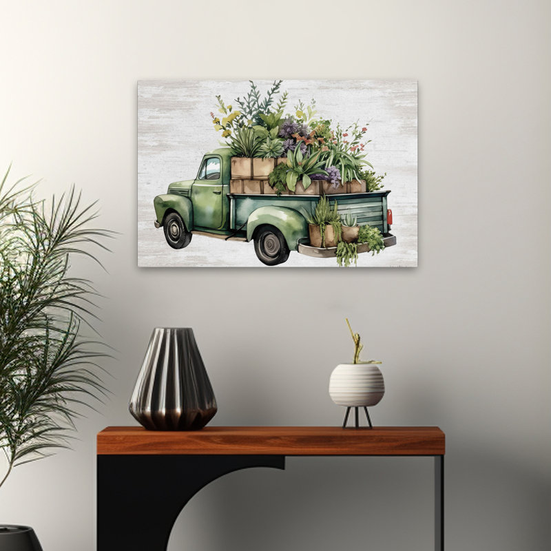 Camion de fleurs rétro IV - art campagnard vert moderne, H 16 po x l 24 po