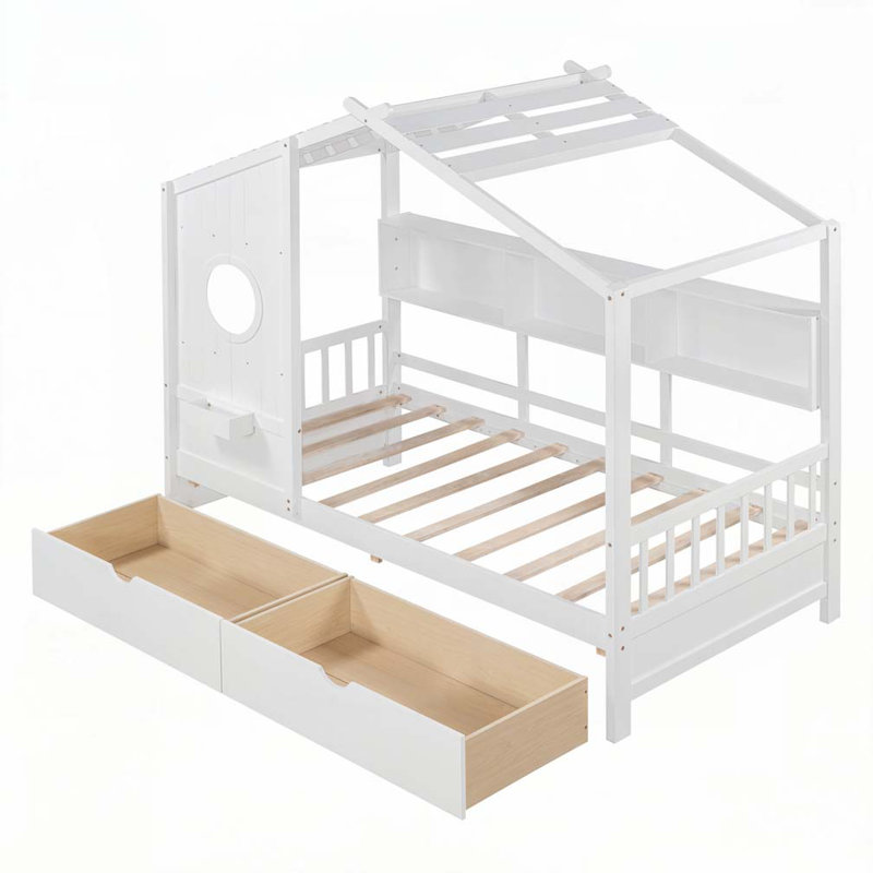 Lit en bois avec 2 tiroirs, tablette, Simple