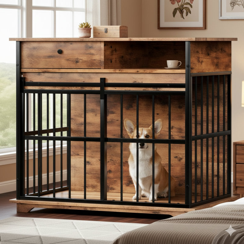 Meuble de chenil en bois de style traditionnel, avec plateau amovible, conçu pour les moyennes et grandes races