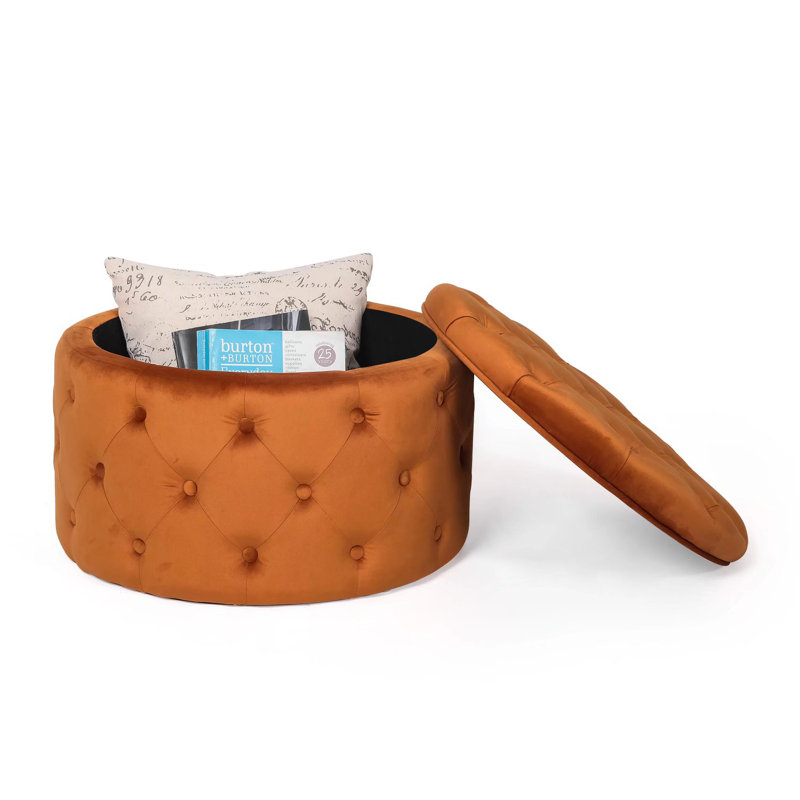 Orange Velvet Tufted Round Cocktail Ottoman with Storage