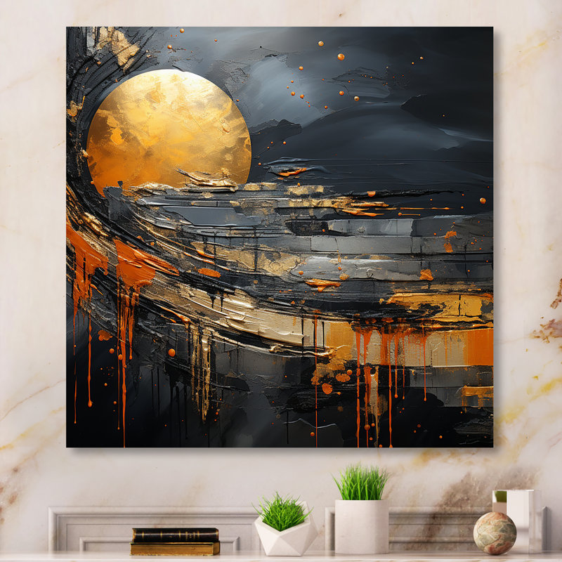 Marbre noir et orange lune II - décoration murale abstraite, Toile tendue, H 36 po x l 36 po x P 1,5 po