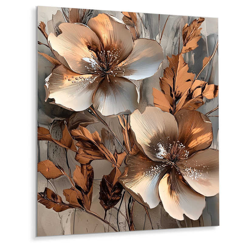 Cuivre métallique et fleurs abstraites chromées I - Fleurs abstraites, impressions sur métal, H 44 po x l 34 po