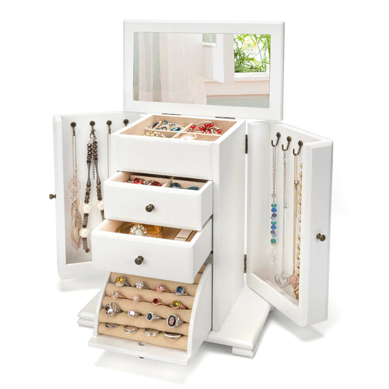 Wooden Jewelry Boxes, Jewelry Organizer Box Display For Rings Earrings Necklaces Bracelets, White