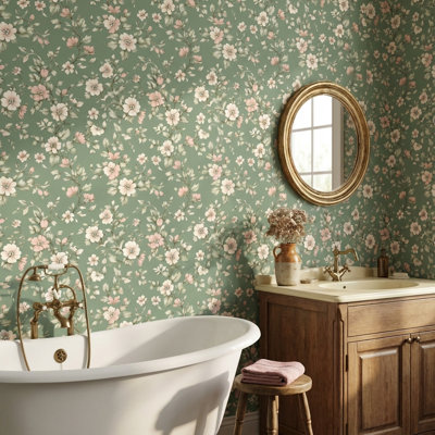 Papier peint floral rétro vert