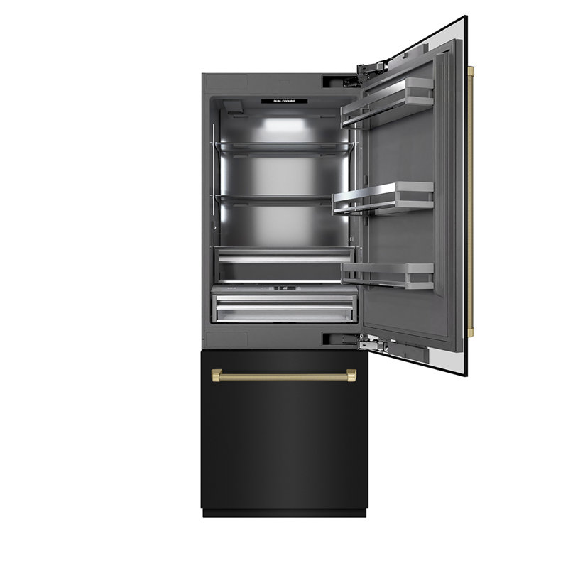 ZLINE Autograph 30 in. Black Steel Built-In Refrigerator w/ Gray Interior and Gold Helix Handles, Champagne Bronze