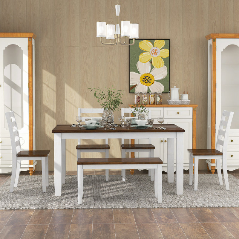 Ensemble de table de salle à manger de style rustique 6 pièces, Brun, Brun / Blanc