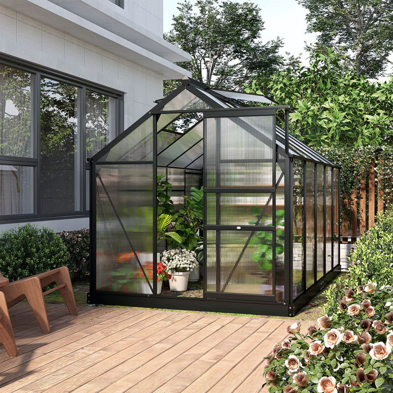 Arbe 6 x 8ft Polycarbonate Greenhouse Walk in Slide Door Grey, 201 H x 190 W + 252 D