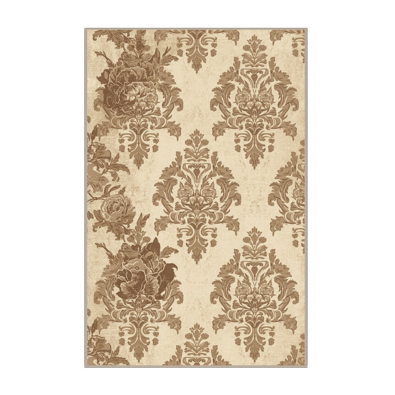 Machine Washable Pantelis Traditional Damask Rug in Beige – Beige Binding, 7 x 9