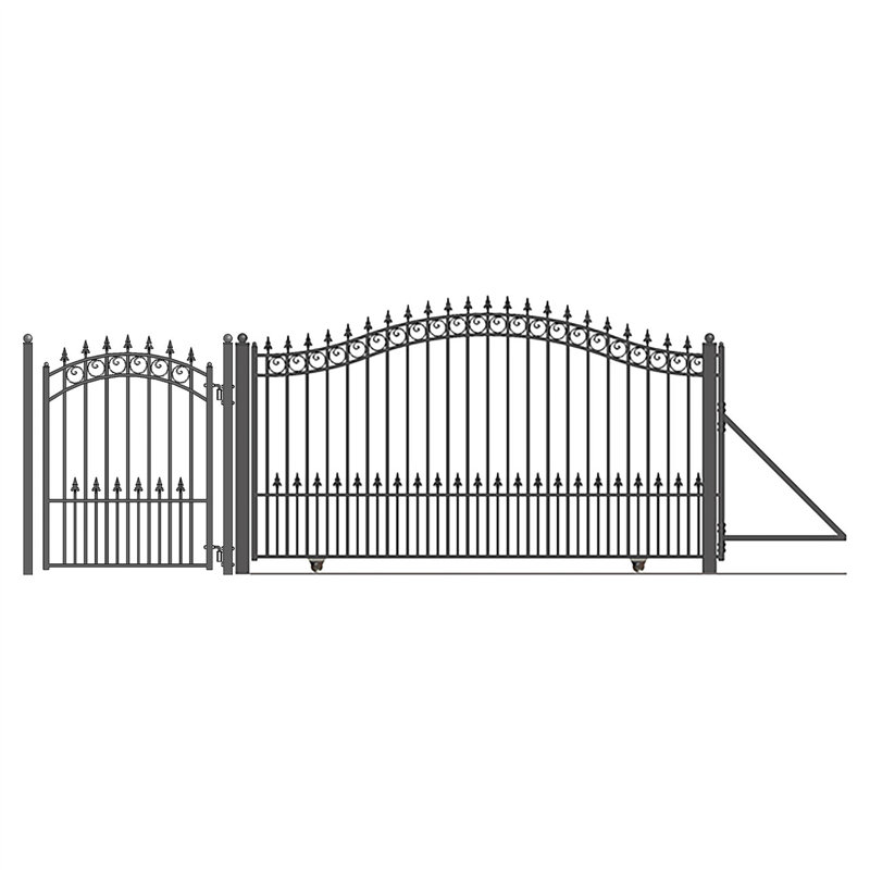 Prague Style 16 ft Black Steel Sliding Driveway Gate with Pedestrian Gate