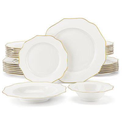 32 Piece Dinnerware, Bone China Dinnerware Set, Round Plates And Bowls Sets With Golden Rim,Dinner Plate, Dessert Plate, Soup Plate And Bowls, Curved Edge Design, Service For 8 Person
