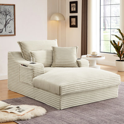 Fauteuil lounge confortable en forme de S, de couleur camel, d'une profondeur de 117 cm (46,04 pouces), idéal pour la chambre à coucher, en pur coton, avec porte-gobelets des deux côtés.