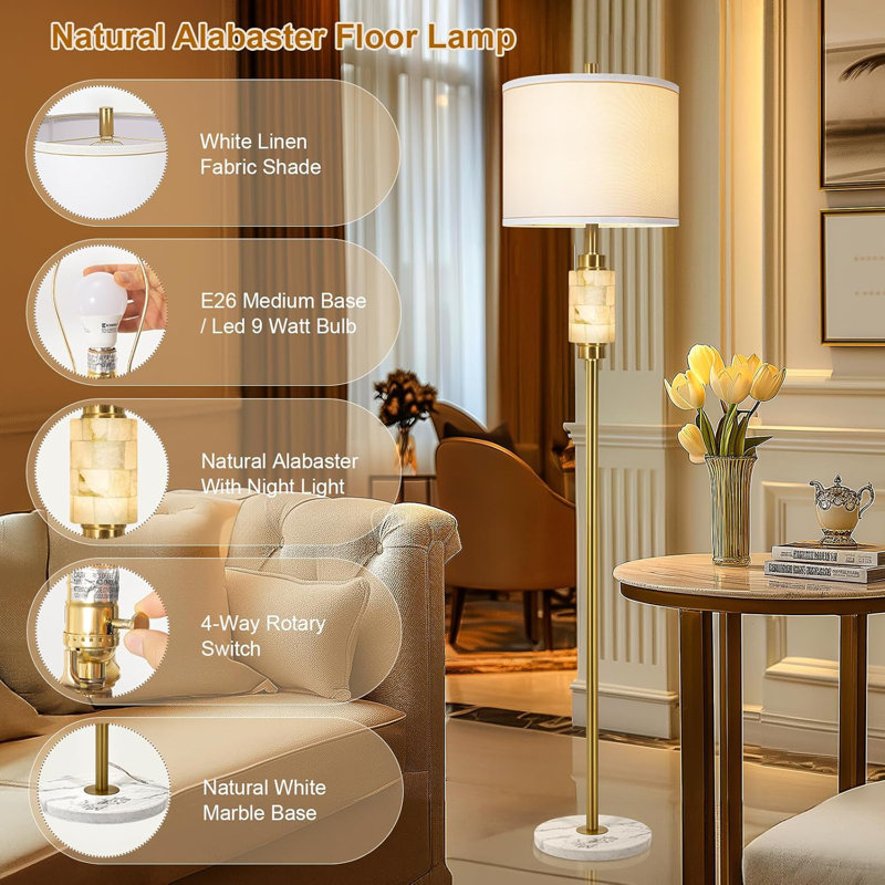 62" Natural Alabaster Floor Lamp With Marble Base & White Linen Shade, Warm Gold Finish, Night Light, 4-Way Rotary Switch, Bulbs Included For Living Room, Bedroom, Study