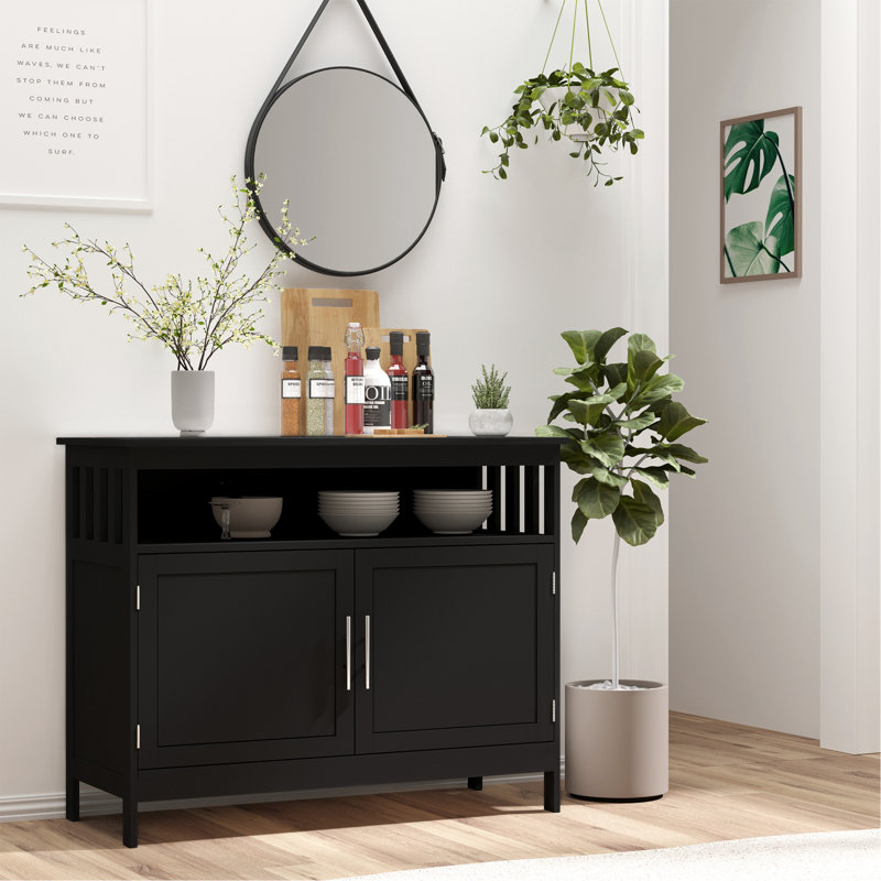 Sideboard Buffet Cabinet, Modern Kitchen Cabinet, Coffee Bar Cabinet With 2-Level Shelf And Open Compartment, Black