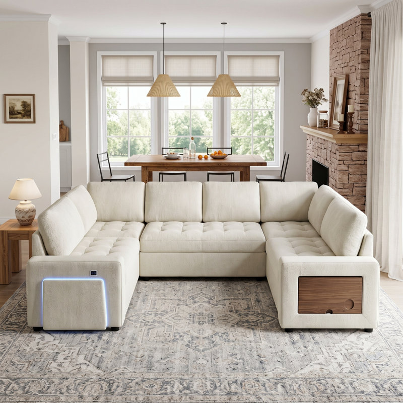 Canapé modulaire inclinable en U de 102 po Earp avec lit escamotable, rangement caché, ports USB et lumière DEL, canapé convertible multifonctionnel en chenille pour le salon