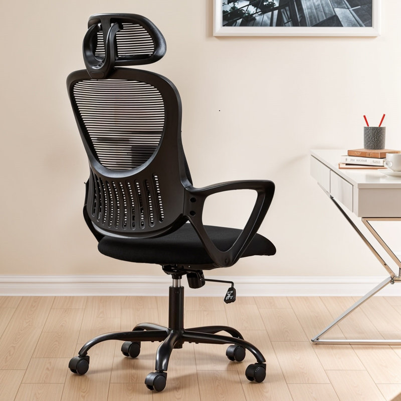 Chaise de bureau ergonomique à dossier haut en filet avec accoudoirs pivotants et appui-tête réglable, Noir, noir, noir, noir