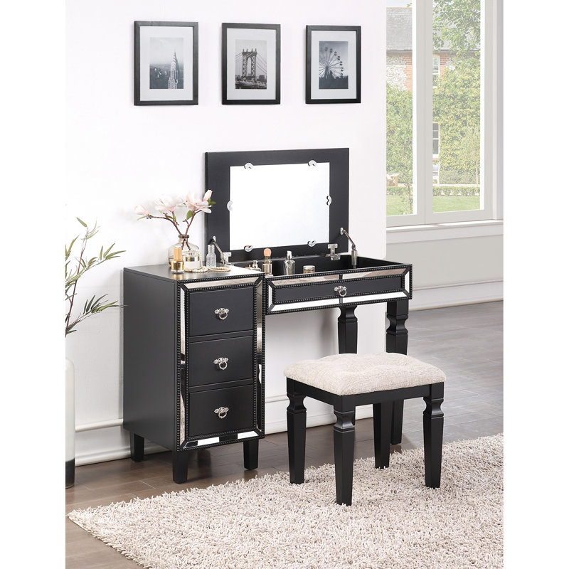 Meuble-lavabo de chambre à coucher traditionnel, noir - avec tabouret et fabrication en bois de pin formelle avec rangement de tiroir de siège confortable