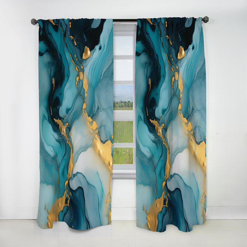 Turquoise Gold Infused Marble II - Fractals Blackout Abstract Curtain - 1 Panel, 52" W x 84" L