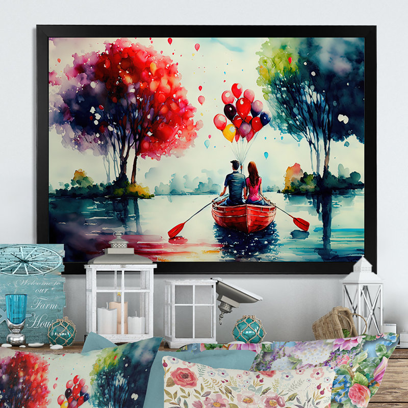 Couple romantique sur l'eau I - peinture sur toile, Cadre photo noir, H 12 po x l 20 po x P 1 po