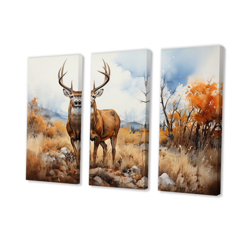 Cerf doré sérénité sur toile, 3 pièces, H 40 po x l 60 po x P 1 po