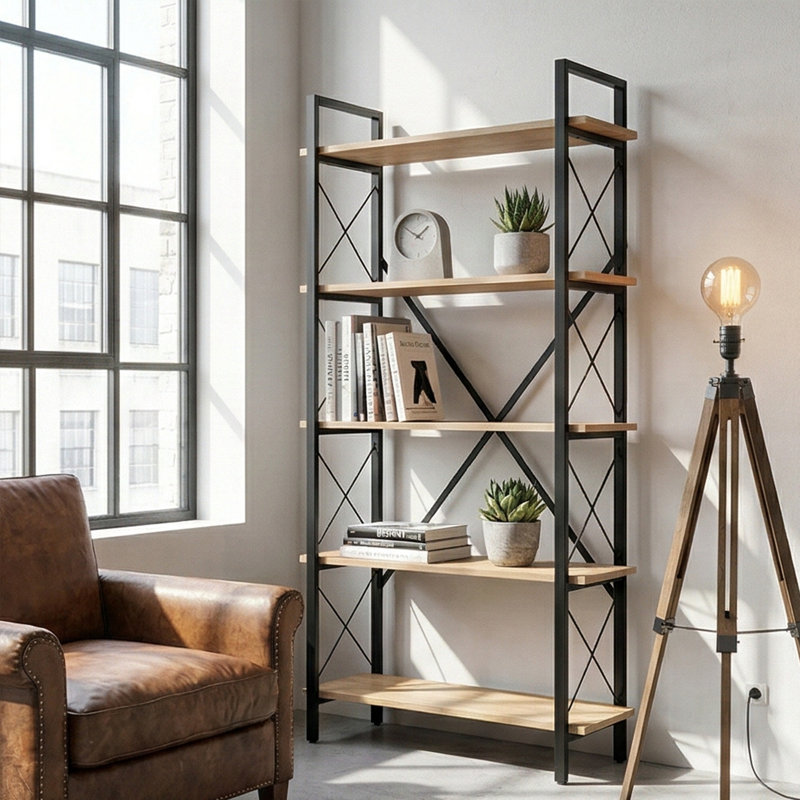 Urban Loft 5-Tier Multi-Purpose Display Etagere Bookcase, Black/Oak