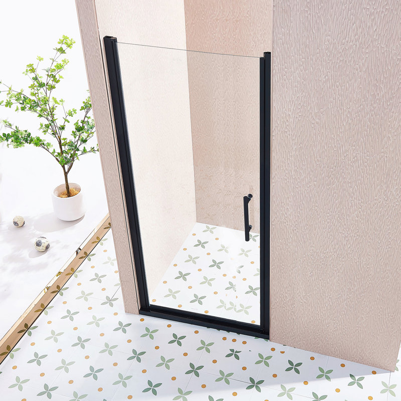 Porte de douche pivotante simple pivotante de 34 à 35,5 po x H 75 po, alliage d'aluminium noir mat, verre trempé clair de 1/4 po (6 mm) de large épaisseur.
