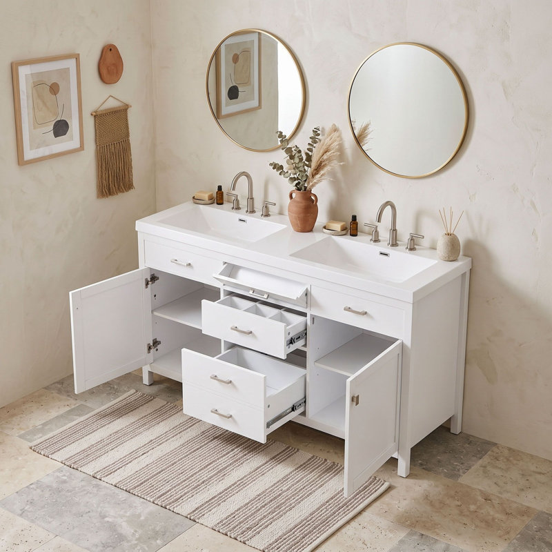 Meuble-lavabo double avec tablette réglable et tiroirs
