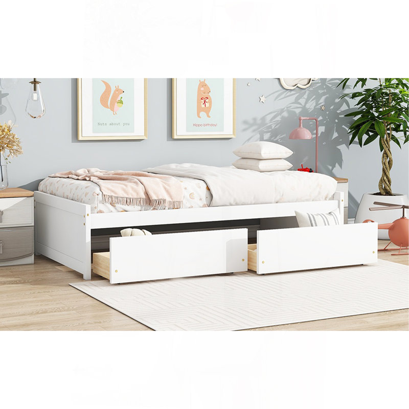 Lit simple avec 2 tiroirs, lit en bois d'hévéa massif, blanc, Blanc