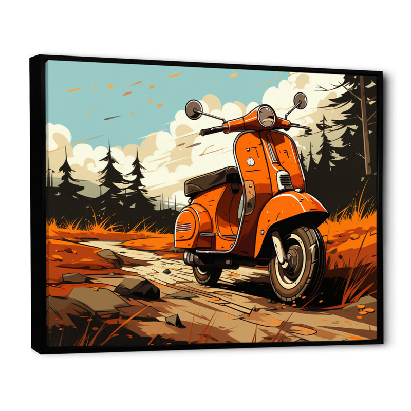 Coral Scooter In Country Retro, reproduction d'art sur toile, Cadre flottant noir, H 24 po x l 32 po x P 1 po